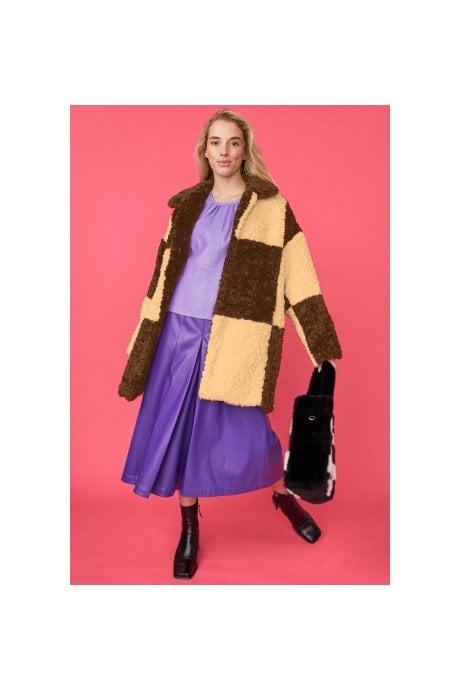 Checkered Brown Faux Shearling Oversized Coat