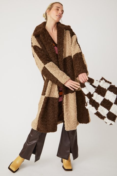Checkered Brown Faux Shearling Oversized Coat