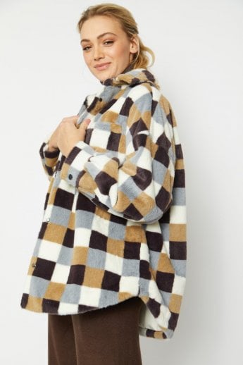 Checkered Faux Fur Oversize Coat