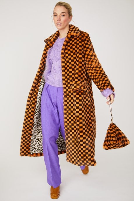 Checkered Orange and Black Faux Fur Pyramid Bag