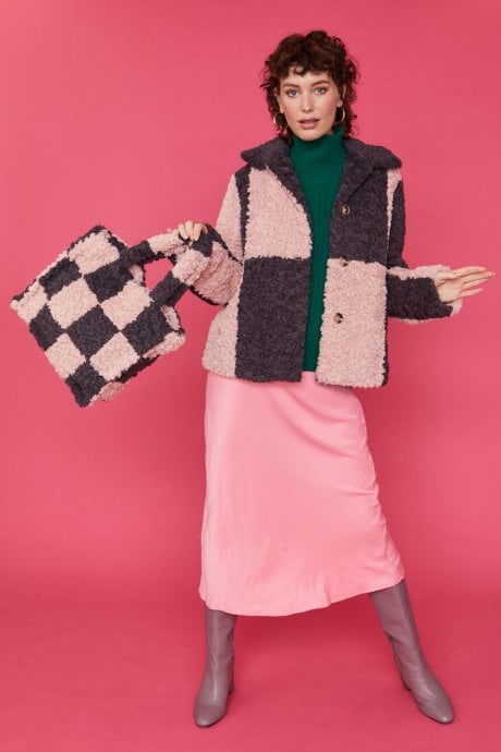 Checkered Pink and Purple Faux Shearling Cropped Coat