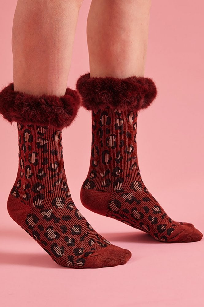 JAYLEY Chocolate Animal Print Socks with Faux Fur Cuffs