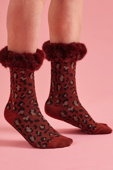 Chocolate Animal Print Socks with Faux Fur Cuffs