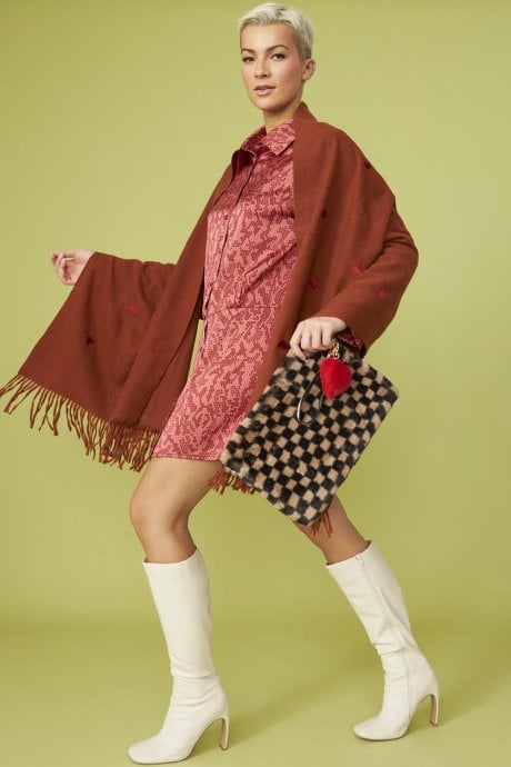 Chocolate Cashmere Blend Wrap with Love Heart Embroidery
