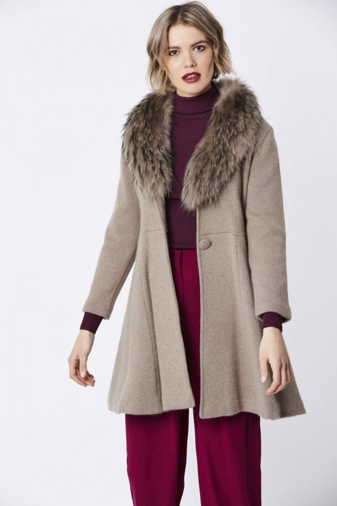 JAYLEY Chocolate Cashmere Coat with Fox Fur Collar
