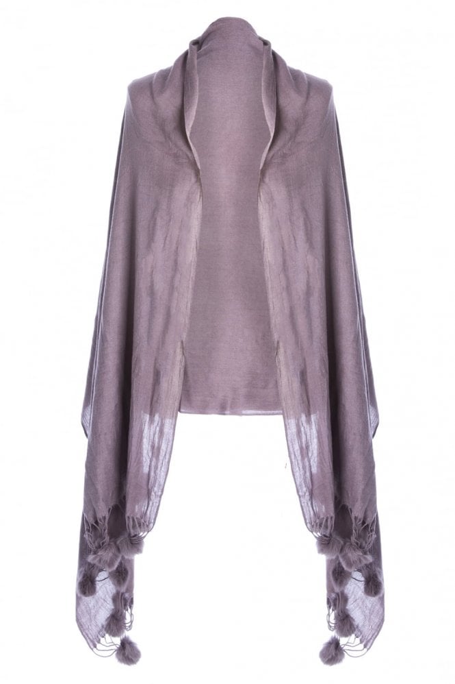 JAYLEY Chocolate Cashmere Wrap With Coney Fur Pom Poms