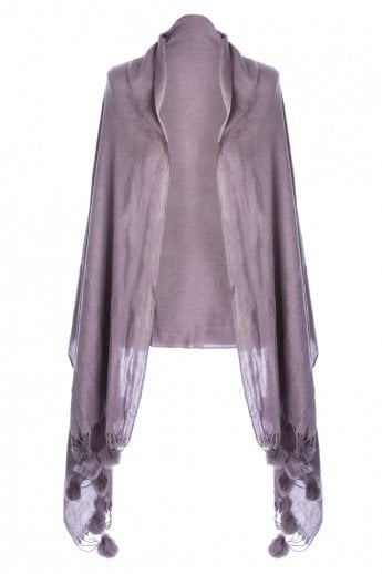 Chocolate Cashmere Wrap With Coney Fur Pom Poms