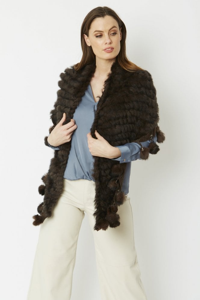 JAYLEY Chocolate Coney Fur Shawl with Pom Poms