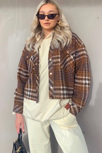 Chocolate Cropped Cashmere Blend Check Jacket