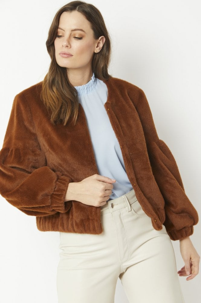 JAYLEY Chocolate Faux Fur Cropped Jacket with Puff Sleeves
