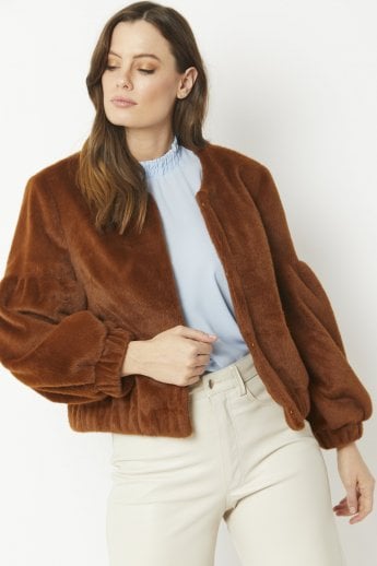 Chocolate Faux Fur Cropped Jacket with Puff Sleeves