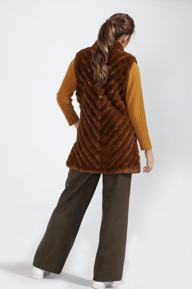 JAYLEY Chocolate Faux Fur Faux Suede Diagonal Striped Long Vest