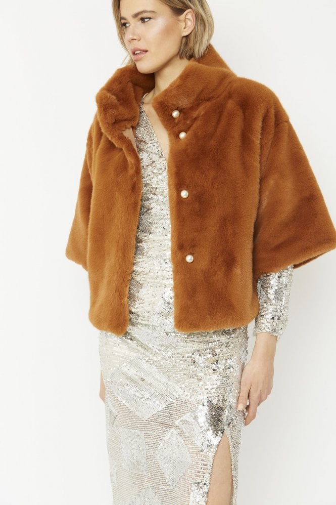 JAYLEY Chocolate Faux Fur Jacket With Pearls