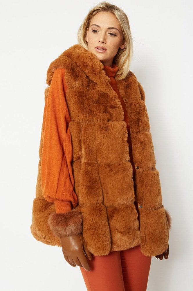 JAYLEY Chocolate Faux Fur Long Hooded Gilet