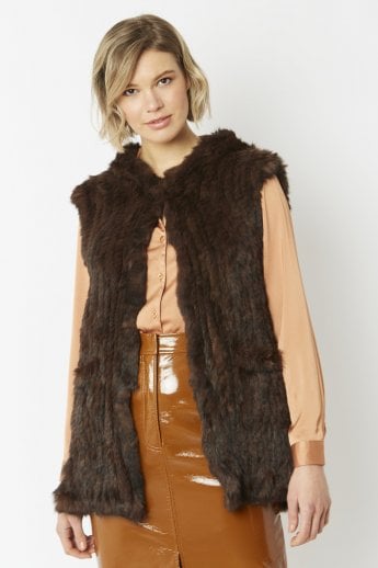 Chocolate Hooded Long Coney Fur Gilet
