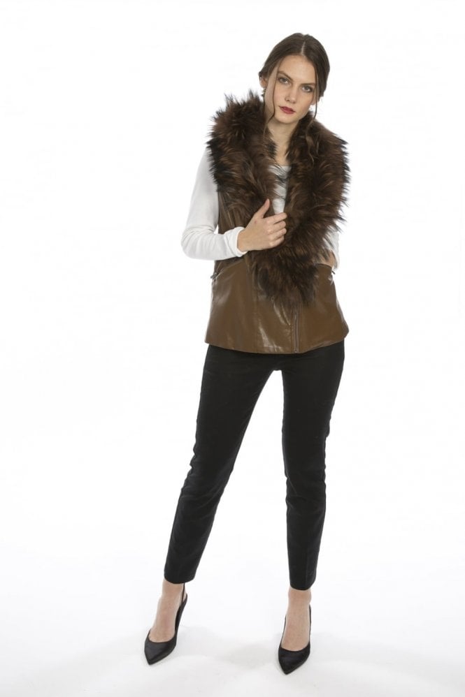 JAYLEY Chocolate Leather and Fox Fur Collar Gilet