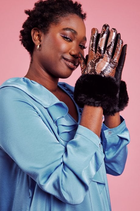 Chocolate Leather Snake Print Effect Gloves with Faux Fur Cuff