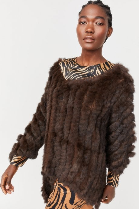 Chocolate Mid Length Asymmetrical Coney Fur Jacket