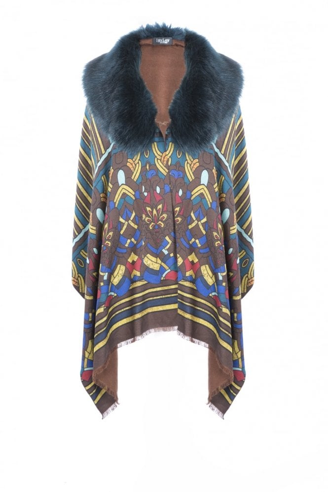 JAYLEY Chocolate Patterned Cashmere and Faux Fur Wrap