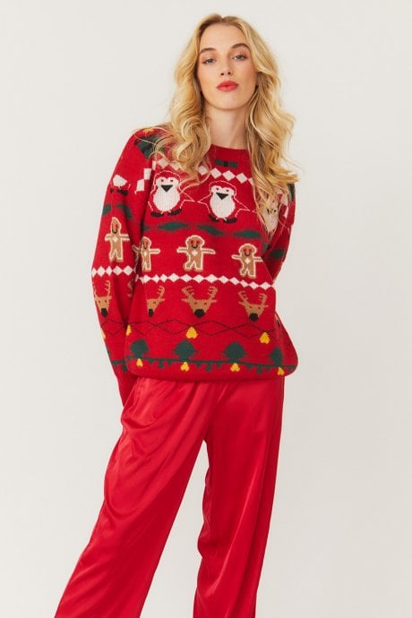 Christmas Jumper with Penguins and Gingerbread Men in Red