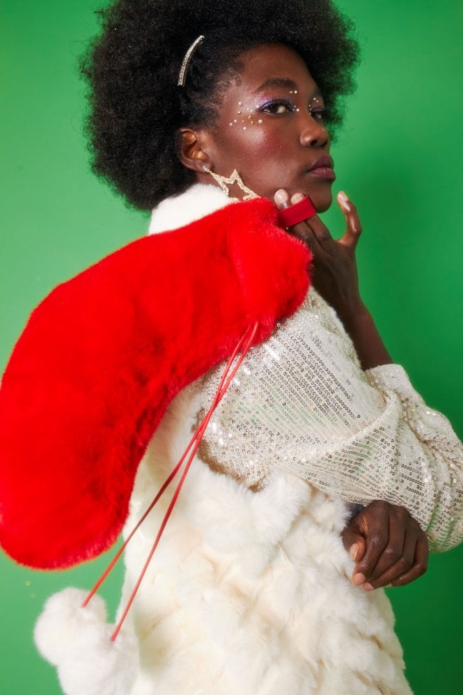 JAYLEY Classic Faux Fur Christmas Stocking With White Pom Poms