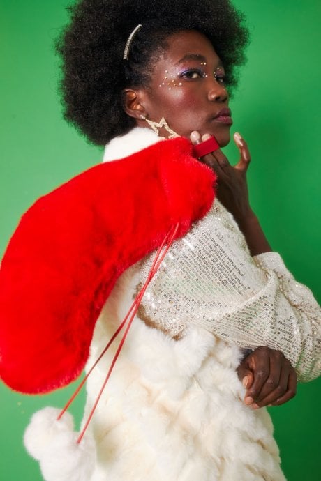 Classic Faux Fur Christmas Stocking With White Pom Poms