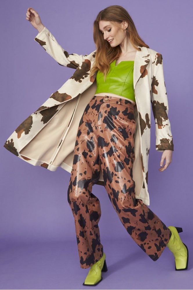 JAYLEY Cow Print Chocolate Brown Faux Suede Trousers