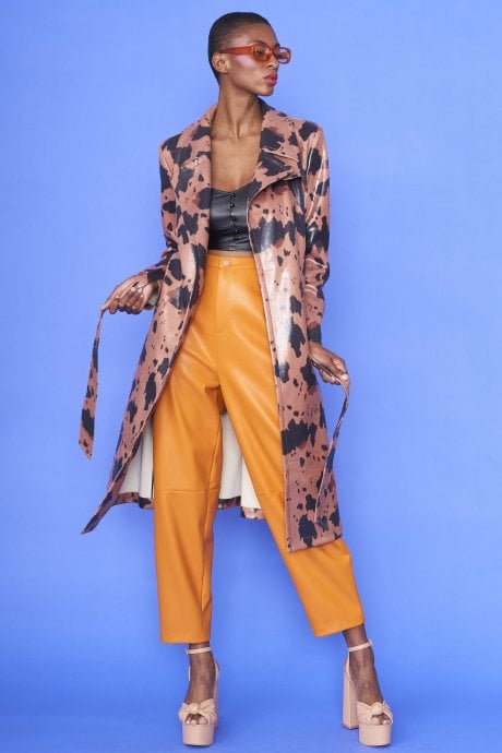 Cow Print Eco Leather Chocolate Brown Trench Coat with Orange Faux Fur Collar