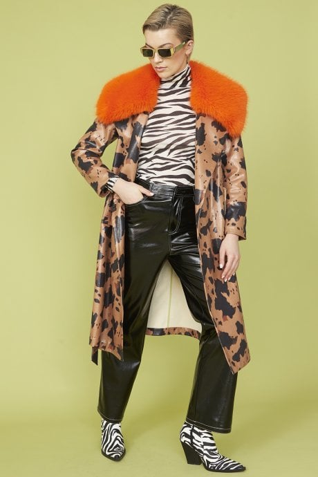 Cow Print Eco Leather Chocolate Brown Trench Coat with Orange Faux Fur Collar