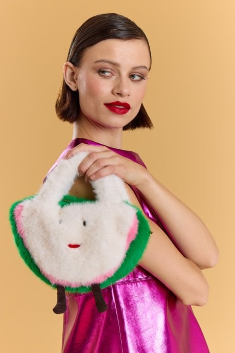 Cream and Green Handmade Water Melon Bamboo Fur Bag