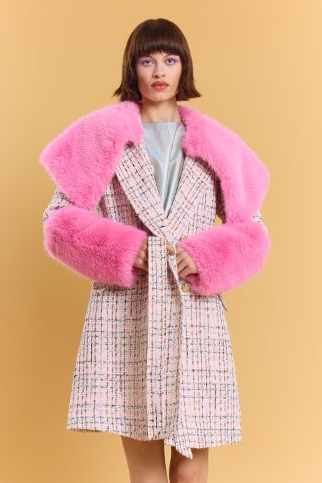 Cream and Pink Bamboo Lyocell Blend Check Faux Fur Coat