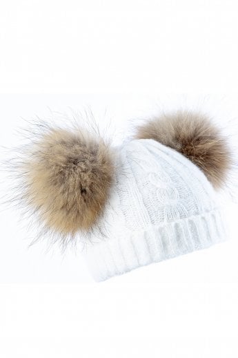 Cream Cashmere Blend dual bobble Fox Fur Hat