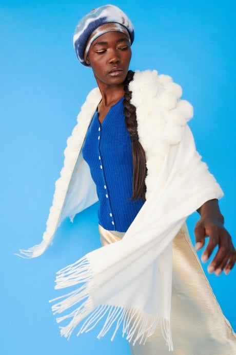 Cream Cashmere Blend Faux Fur Pom Pom Wrap