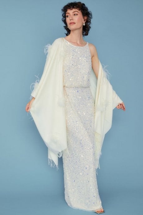 Cream Cashmere Wrap with Feathers