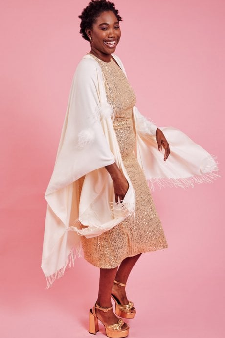 Cream Cashmere Wrap with Feathers