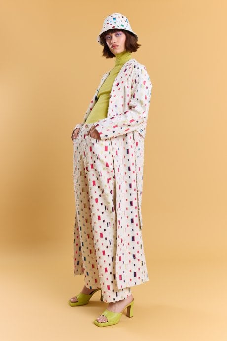 Cream Eco Cotton Denim Geometric Trench Coat- loose fit