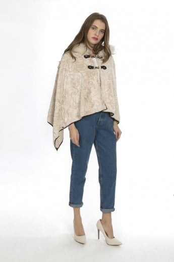 Cream Faux Fur Cape with Fox Fur Trim Hood