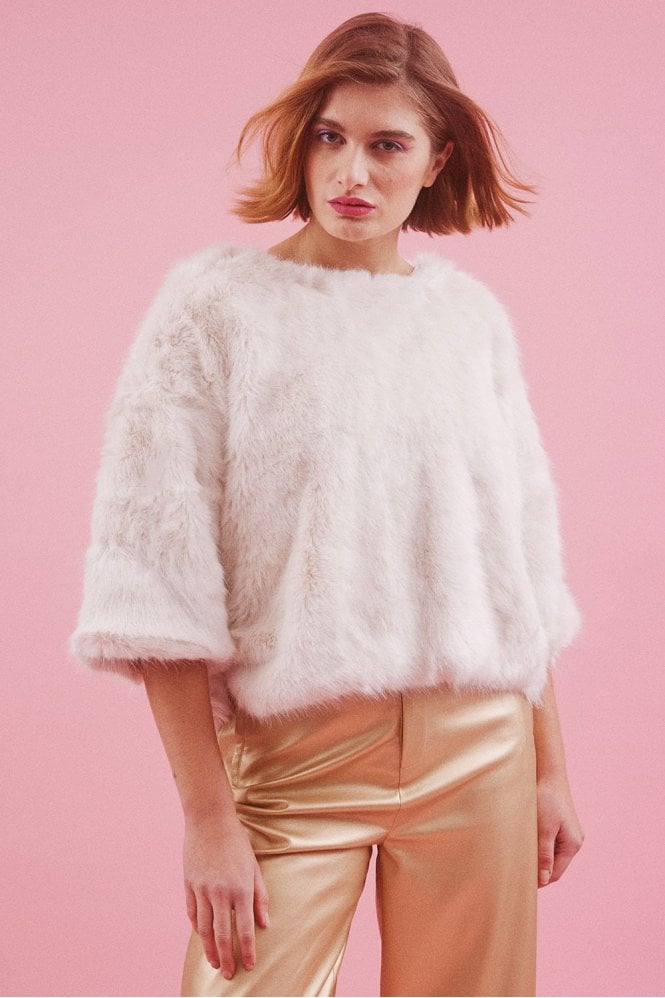 JAYLEY Cream Faux Fur Cropped Sleeve Jumper