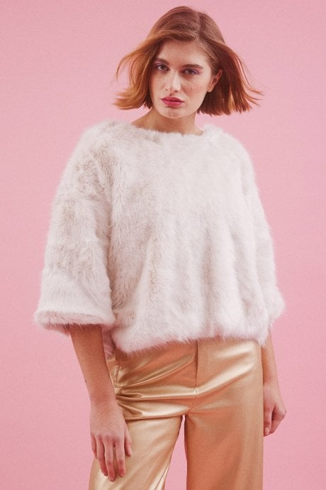Cream Faux Fur Cropped Sleeve Jumper