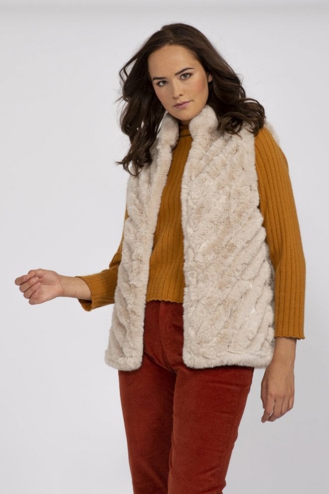 JAYLEY Cream Faux Fur Faux Suede Diagonal Stripe Vest