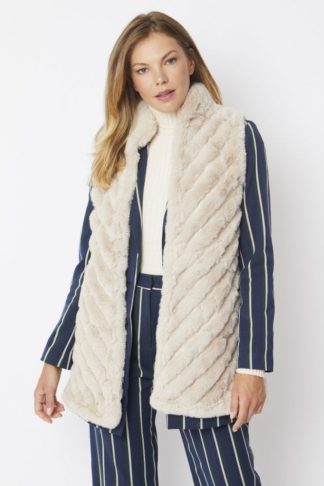 JAYLEY Cream Faux Fur Faux Suede Diagonal Striped Long Vest