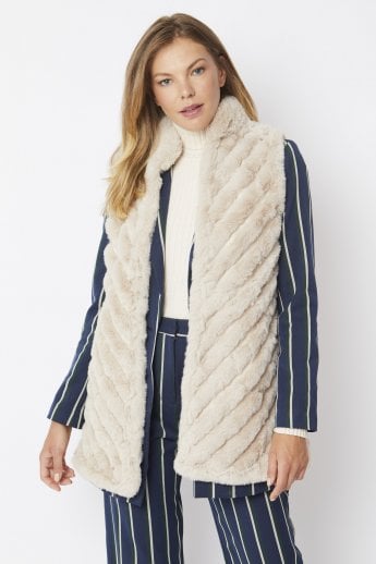 Cream Faux Fur Faux Suede Diagonal Striped Long Gilet | Waistcoat