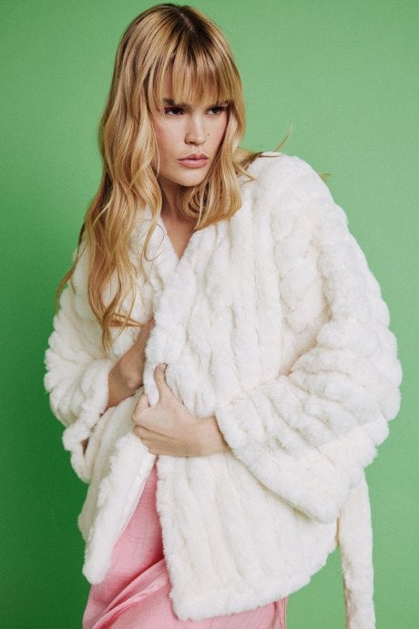 Cream Faux Fur Kimono Jacket