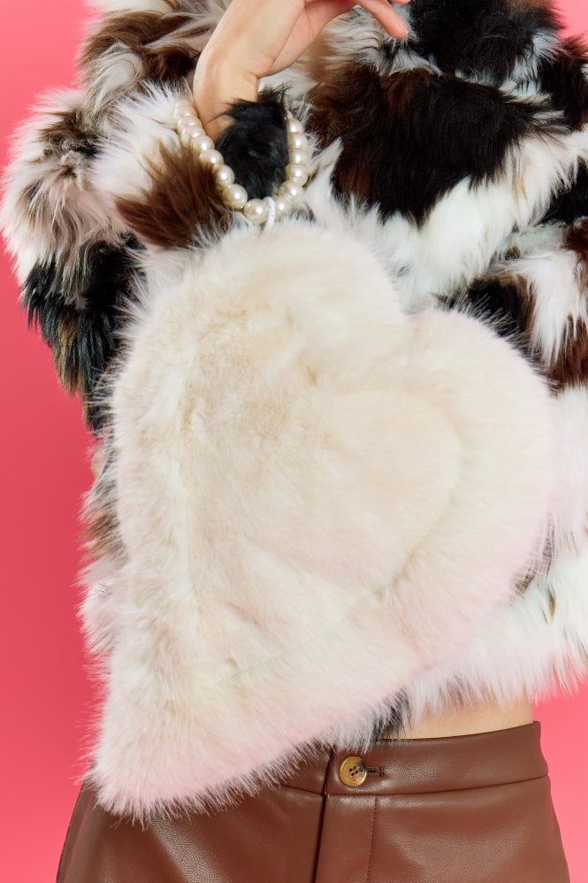 JAYLEY Cream Faux Fur Love Heart Bag