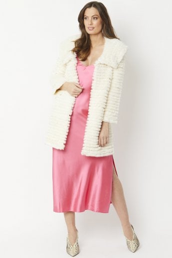 Cream  Faux Mink Fur Hooded Coat