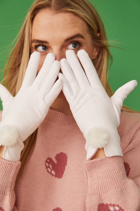 Cream Faux Suede Gloves With Faux Fur Pom