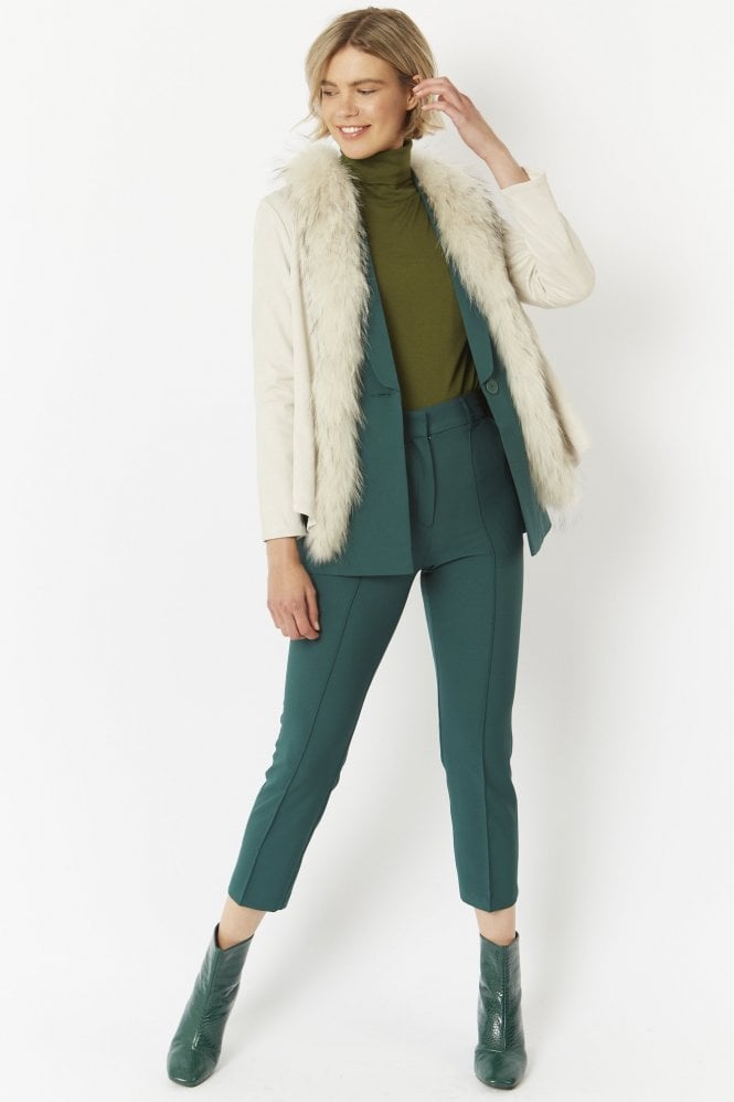 JAYLEY Cream Faux Suede Jacket with Fox Fur Collar Edging
