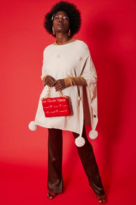 Cream Fine Knit Cashmere Blend Pom Pom Poncho