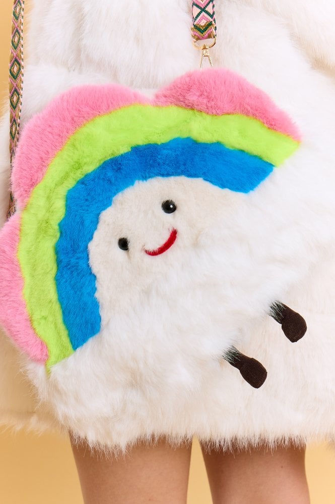 JAYLEY Cream Handmade Bamboo Faux Fur Rainbow Bag