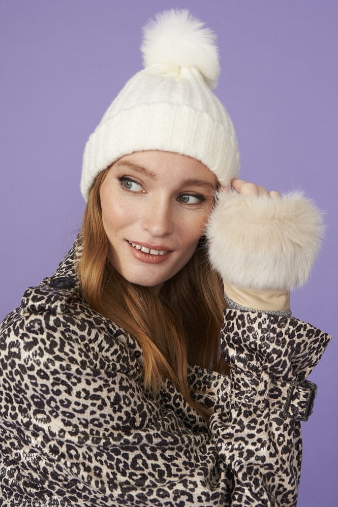 JAYLEY Cream Knitted Beanie Faux Fur Pom Pom Hat